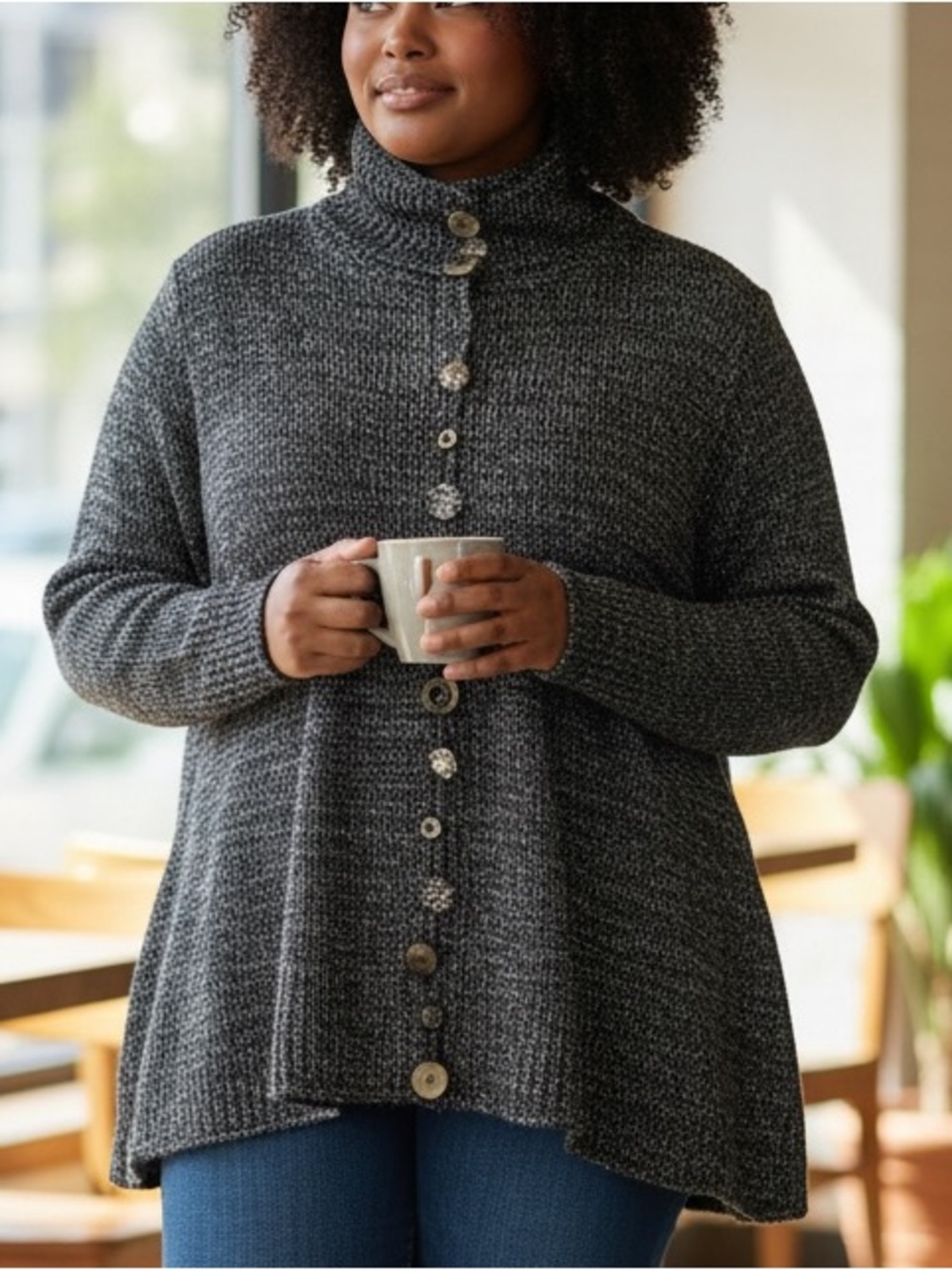Black Metallic Button-Front Knitted Turtleneck Sweater